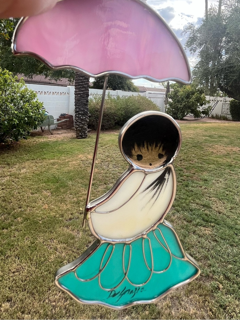DeGrazia Stained Glass Native American Young Girl W/ Pink Umbrella.Vintage 1970s